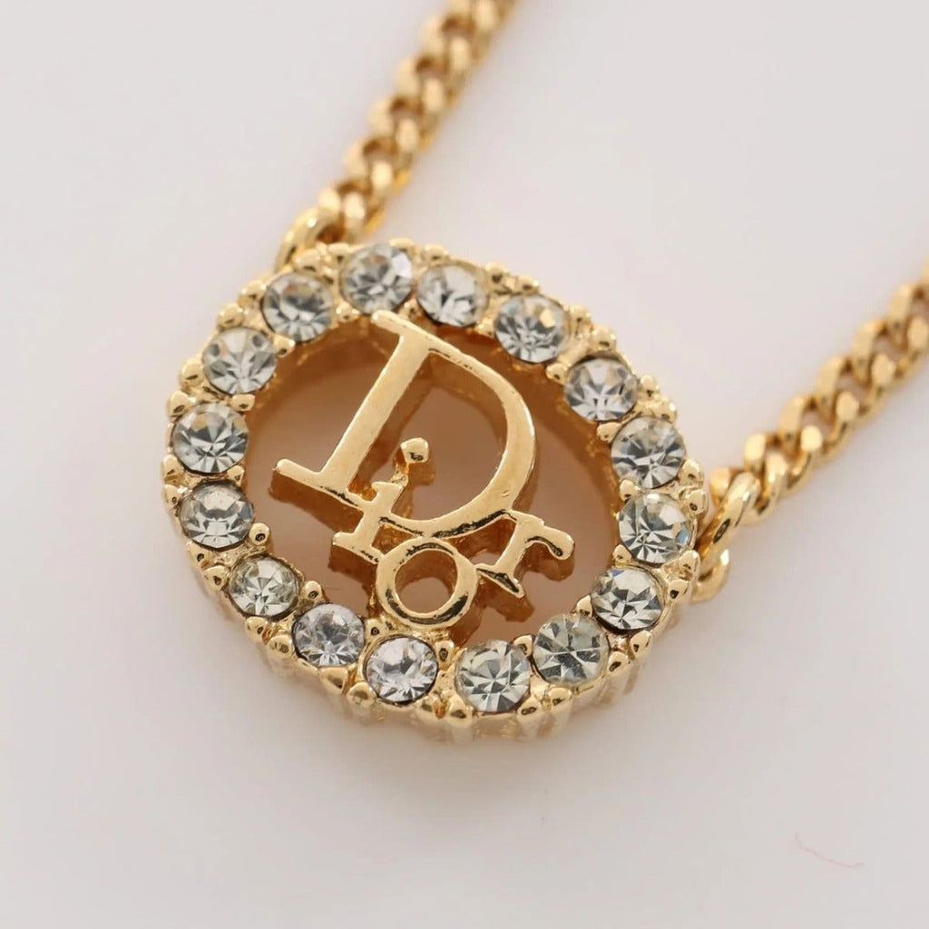 Christian Dior Vintage Rhinestone Crystal Round Necklace Gold Plated — view 8
