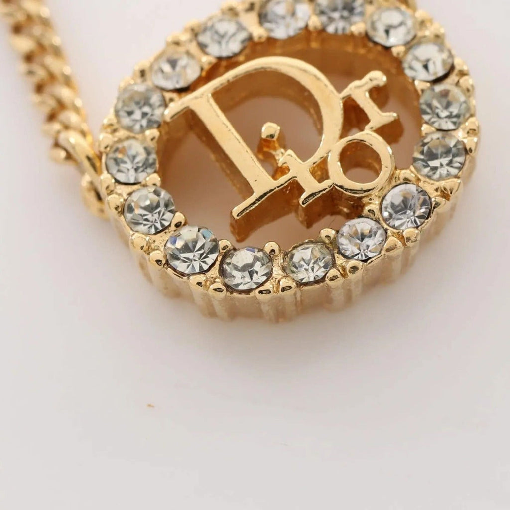 Christian Dior Vintage Rhinestone Crystal Round Necklace Gold Plated — view 9