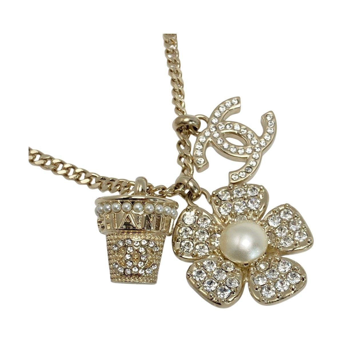 Chanel Coco Mark Flower Necklace B23 S Gold GP Rhinestone Faux Pearl — view 2