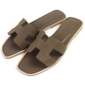 Hermes Oran Etoupe H Logo Leather Flat Sandals Mule 37 Box Storage Bag