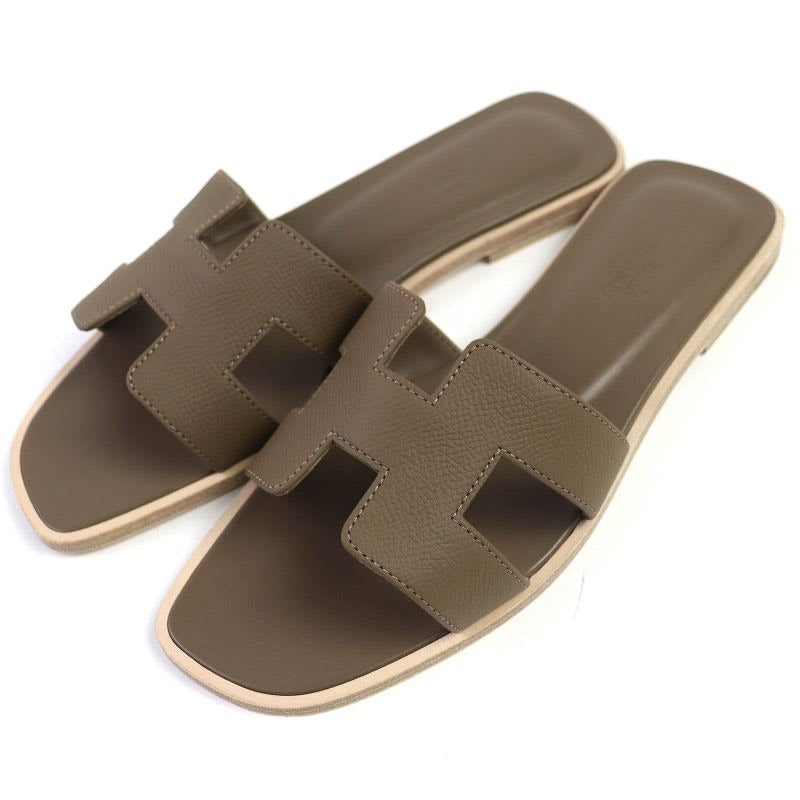 Hermes Oran Etoupe H Logo Leather Flat Sandals Mule 37 Box Storage Bag