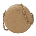 Chanel Quilted Shoulder Bag Caviar Leather Beige Gold Chain Pouch Round