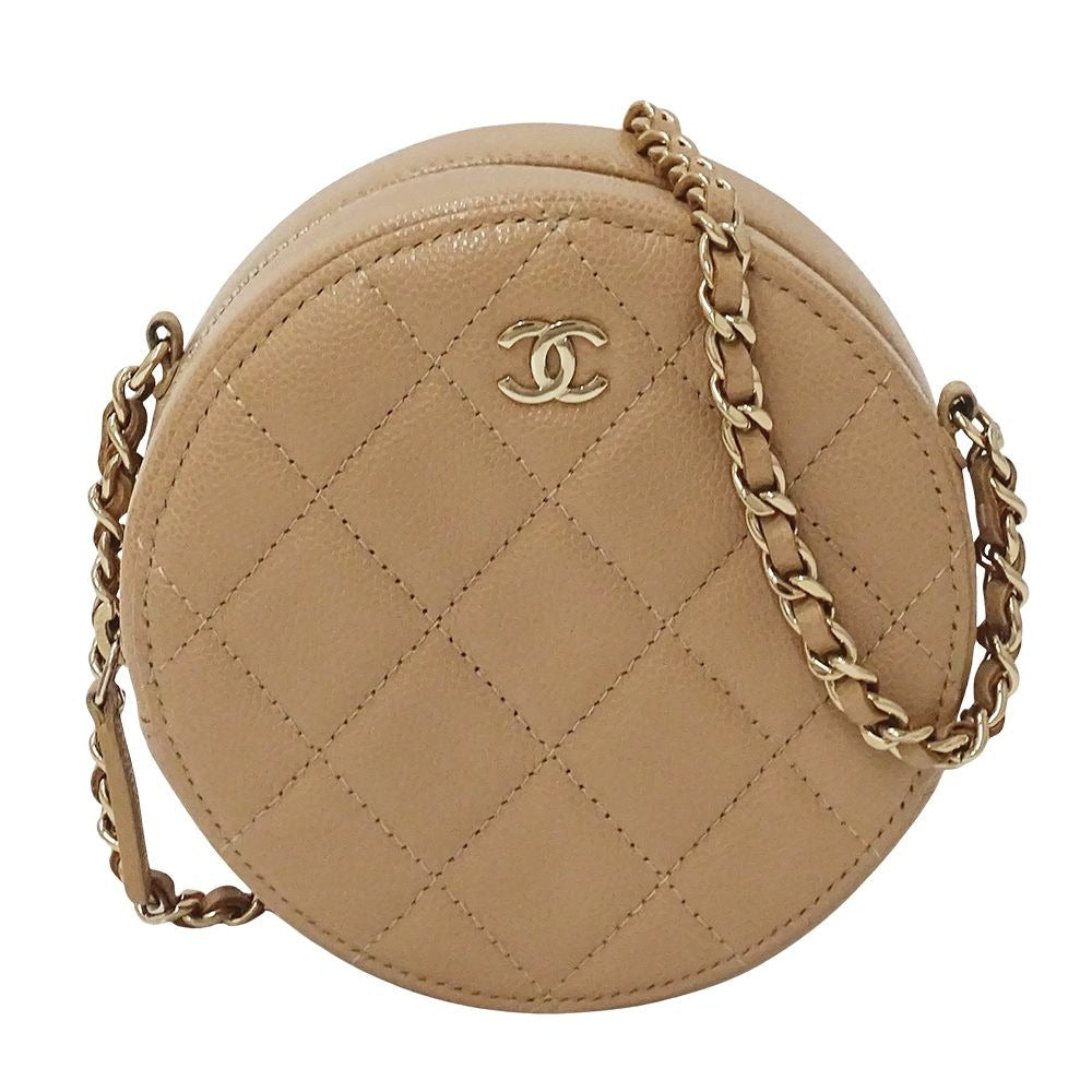 Chanel Quilted Shoulder Bag Caviar Leather Beige Gold Chain Pouch Round