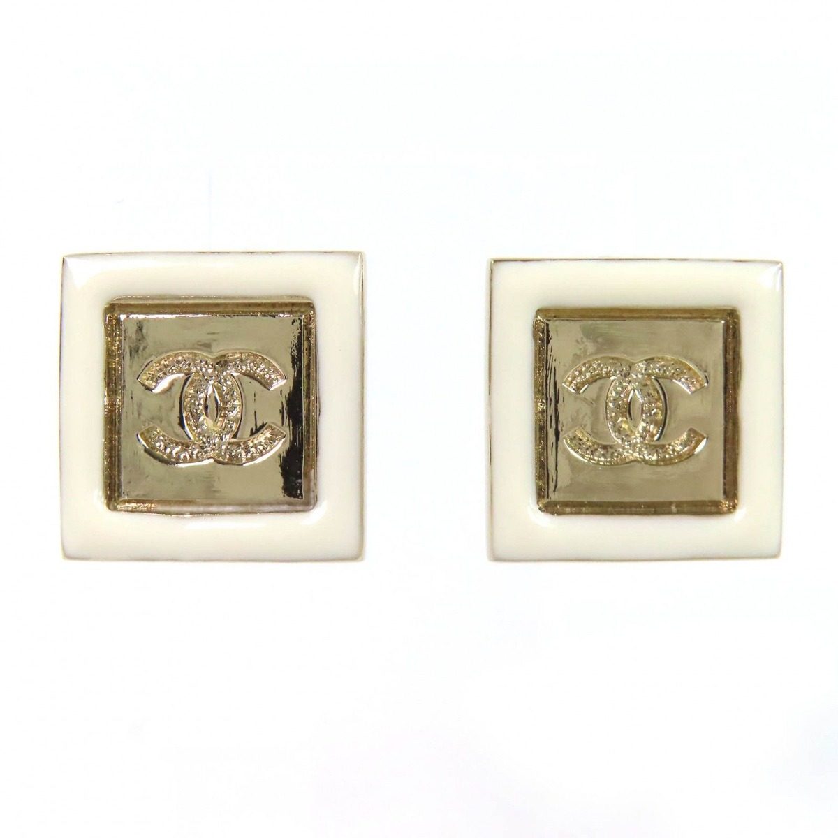 Chanel CC Logo Square Earrings Gold White Box Recommended