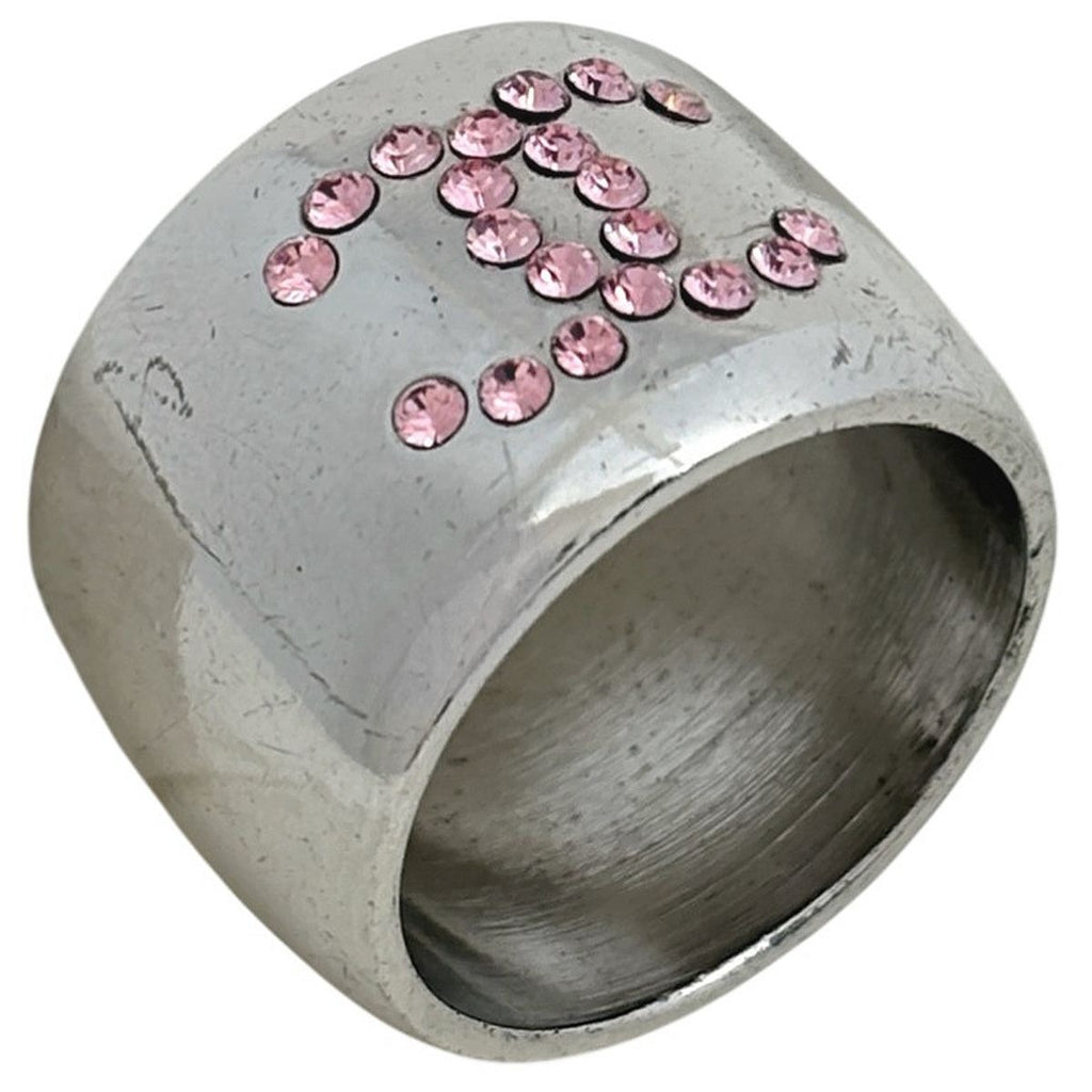 Chanel CC Logo Rhinestone Ring Silver Plated