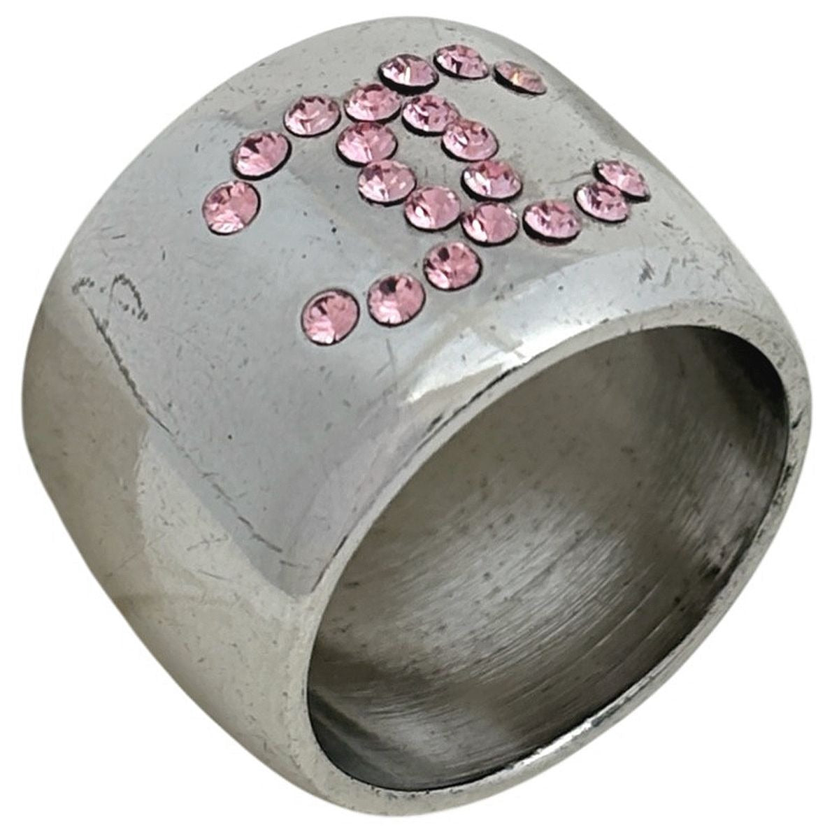 Chanel CC Logo Rhinestone Ring Silver Plated