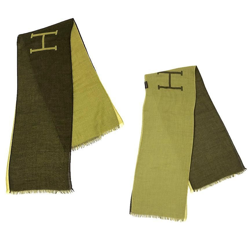 Hermes Shawl Muffler Cashmere Silk Reversible Green Scarf