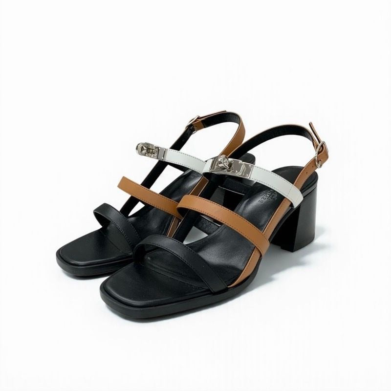 Hermes Eve Sandals Shoes Leather Brown Black White Kelly Strap