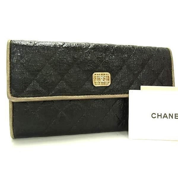 Chanel Wallet Quilted Black Leather And Vinyl Foldable Long