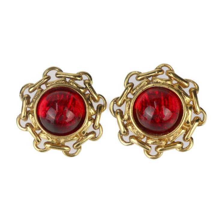 Chanel Gripoix Round Earrings Metal Bijoux Gold Red With Clip Vintage — view 2