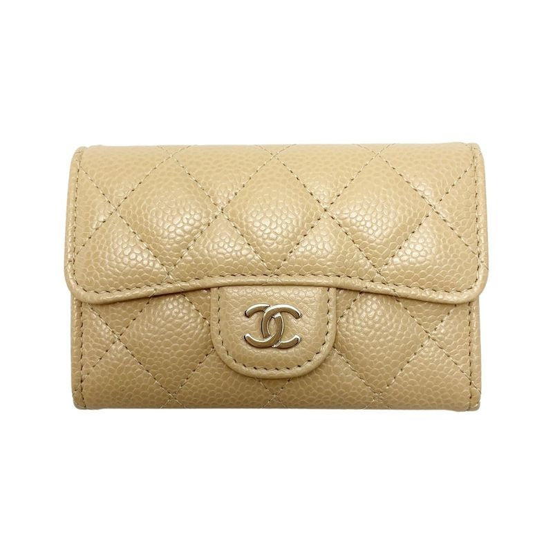 Chanel Card Case Coco Mark Caviar Leather Beige Silver Hardware