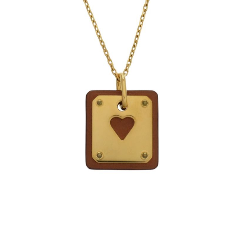 Hermes Ace Of Hearts Leather Metal Brown Necklace 1758 — view 2