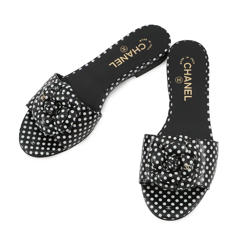 Chanel Sandals CC Logo Camellia Dot Lambskin 38c Shoes Mule Black White