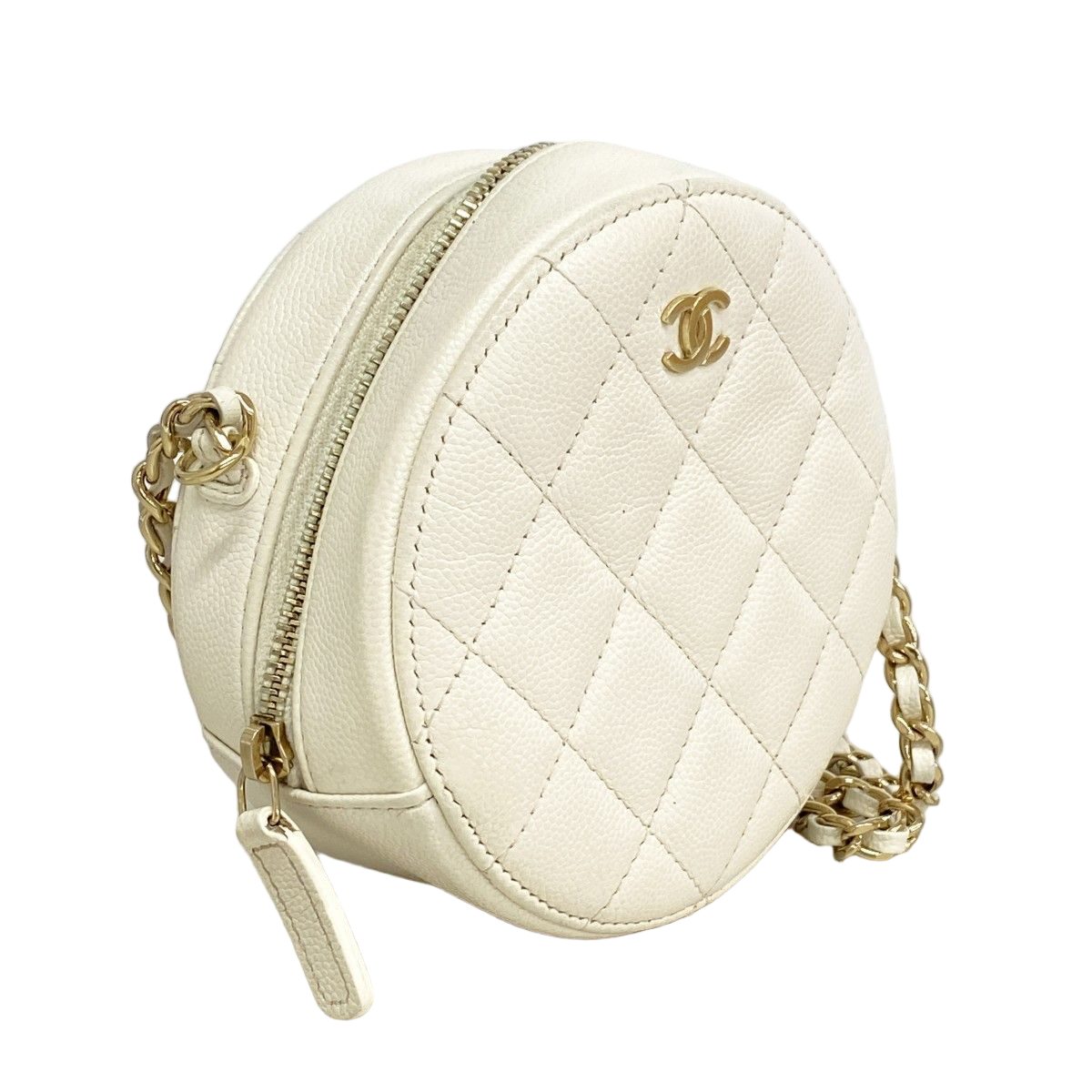 Chanel Shoulder Bag Quilted Caviar Leather White Gold — view 2