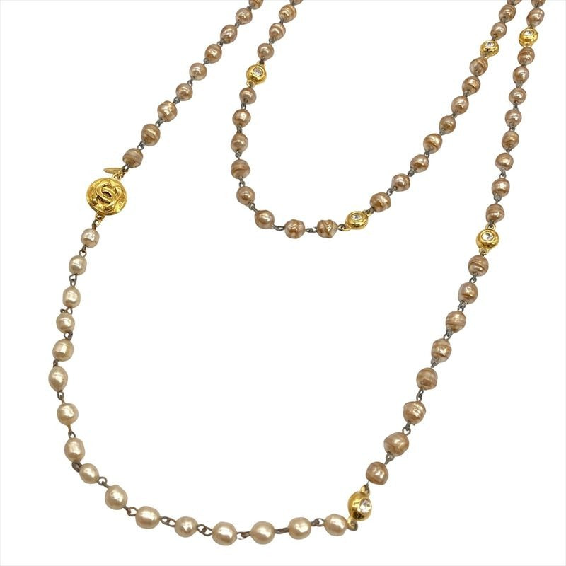 Chanel Vintage Long Necklace Metal Faux Pearl Rhinestone 184 cm