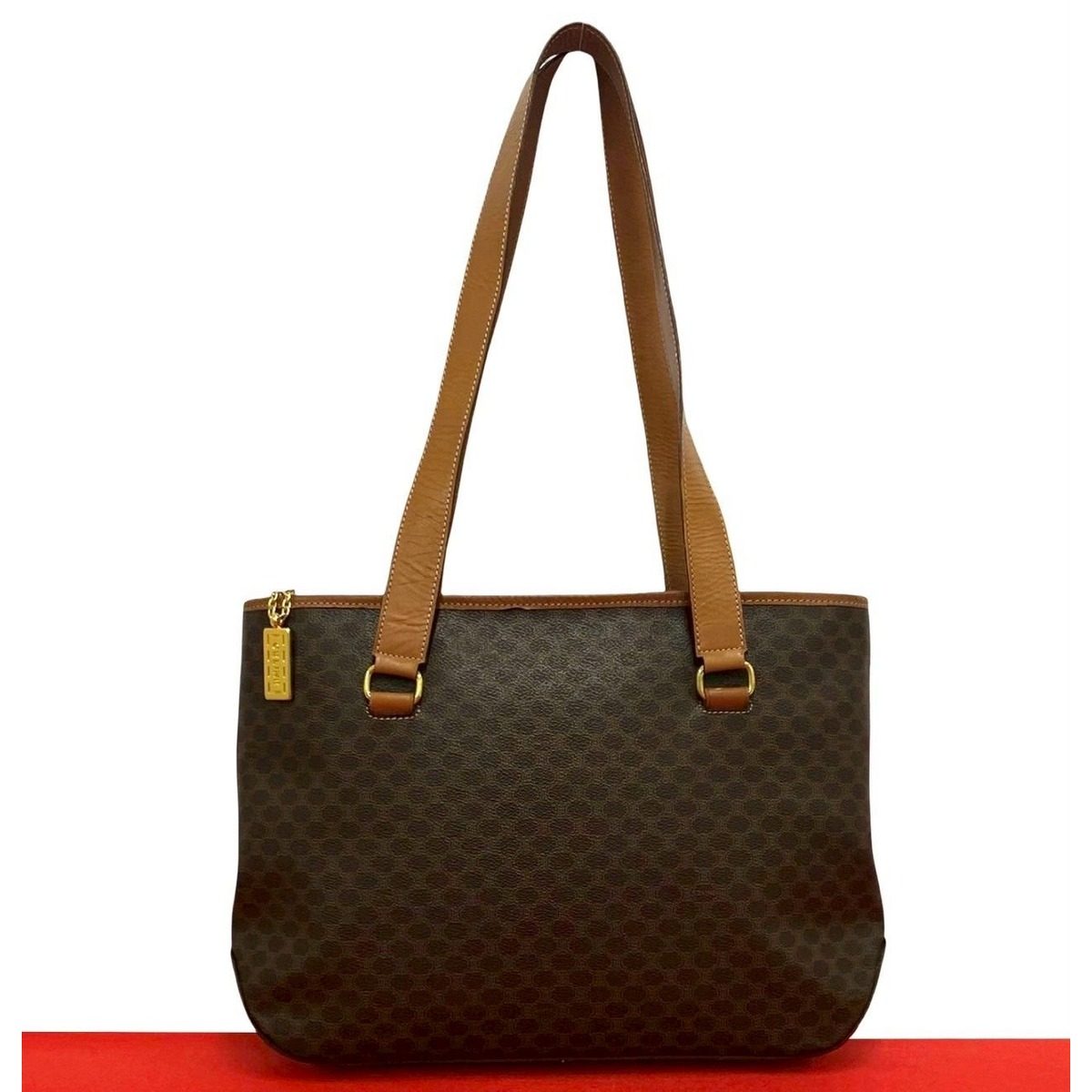 Celine Vintage Macadam Blason Logo Pattern Leather Tote Brown
