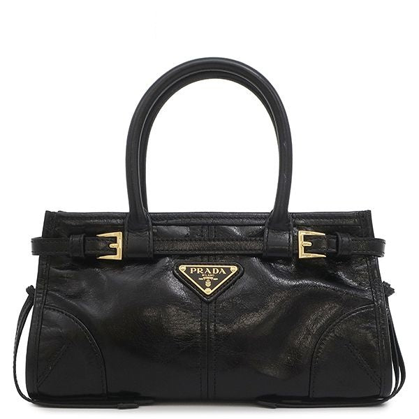 Prada 2-Way Bag Bonnie Mini Handbag Leather Black Gold Triangle Logo
