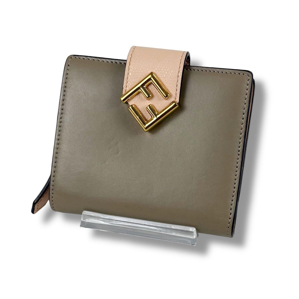 Fendi FF Diamond Compact Wallet Bifold Leather Grey Light Pink