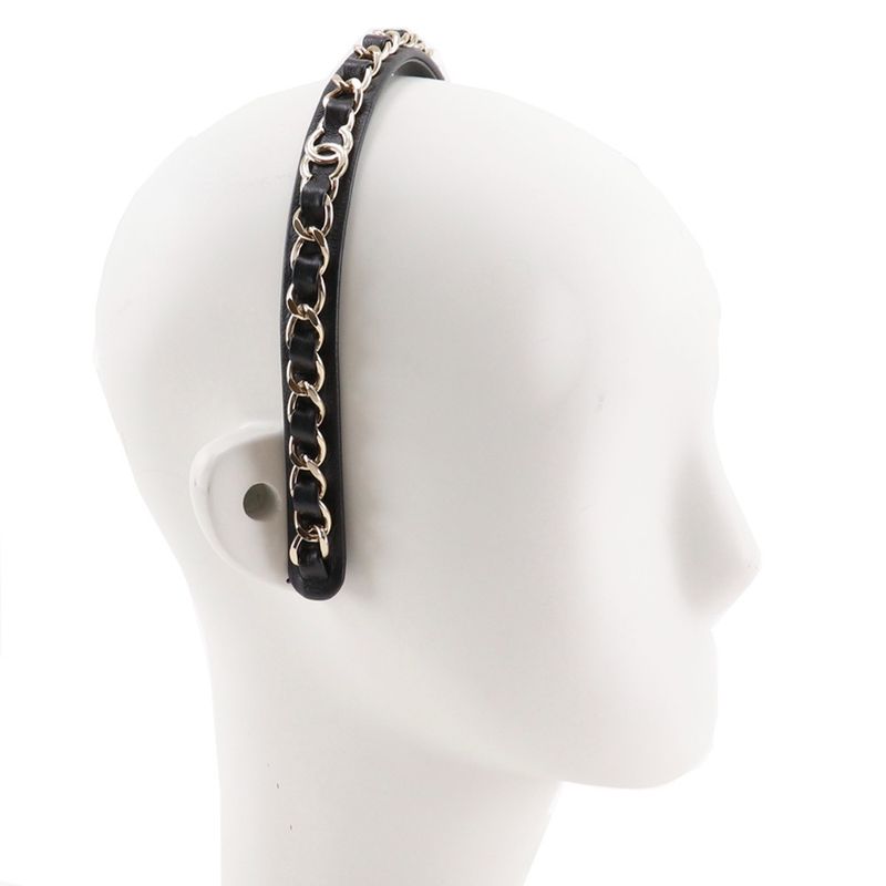 Chanel Headband Coco Mark Chain Lambskin Black Silver — view 2
