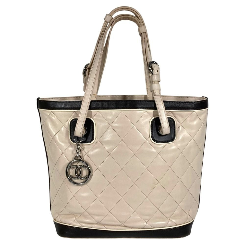 Chanel Shoulder Bag CC Logo Charm Leather Beige