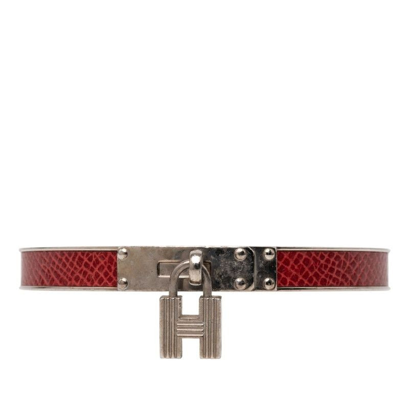 Hermes Kelly Bangle Cadena Motif Silver Red Metal Leather