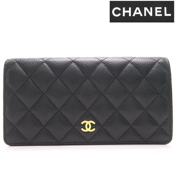 Chanel Bifold Long Wallet Caviar Leather Black Gold Hardware