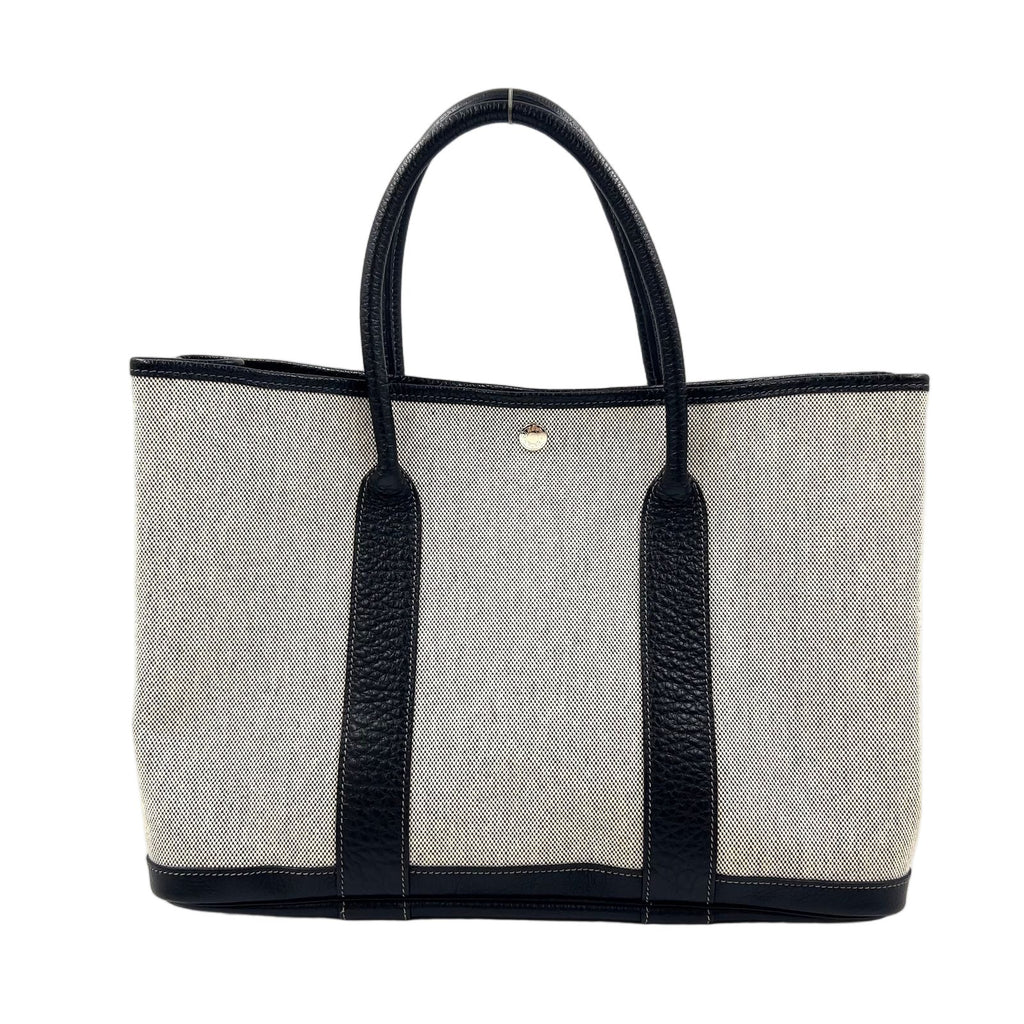 Hermes Garden Party PM Leather Canvas Black Light Gray Tote Silver