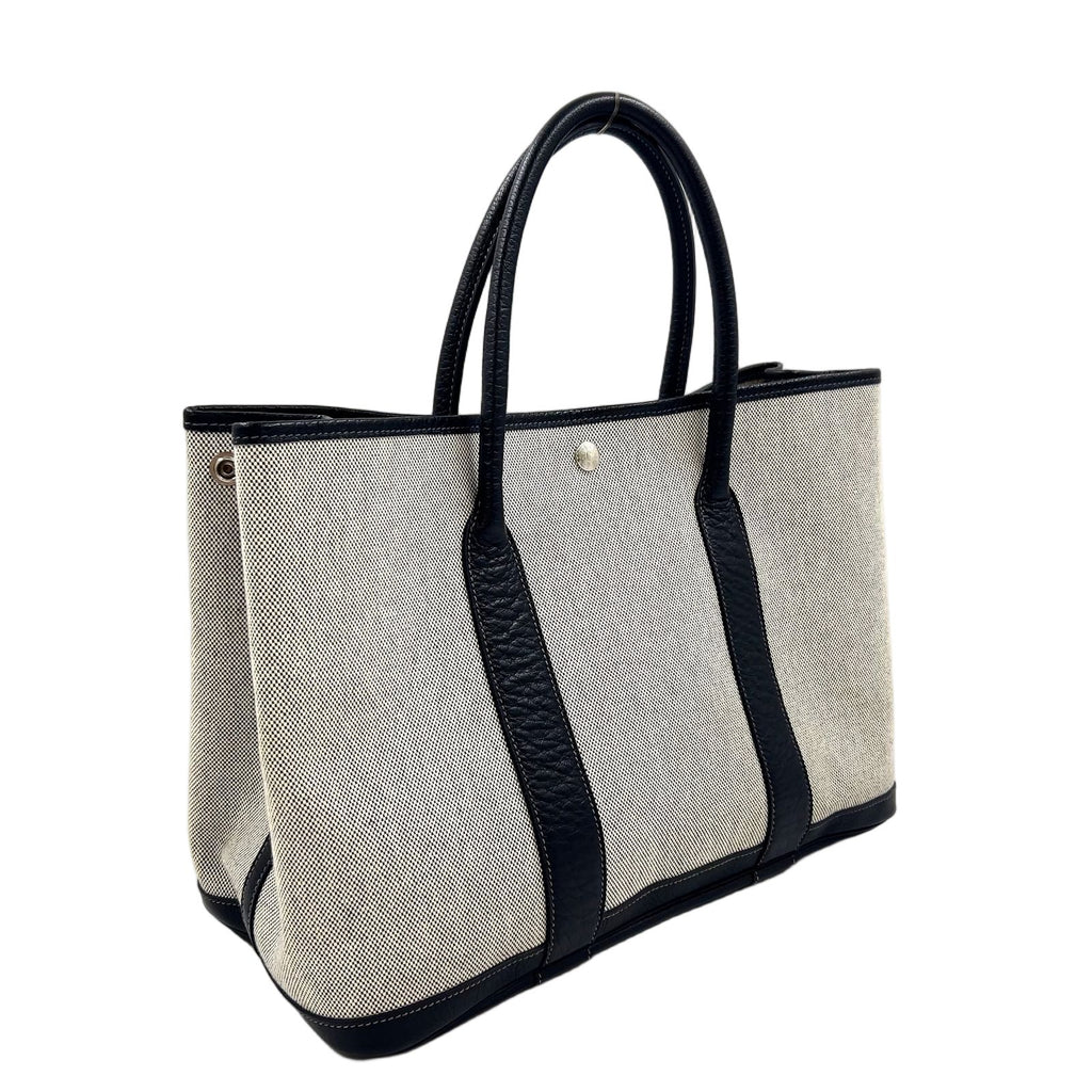 Hermes Garden Party PM Leather Canvas Black Light Gray Tote Silver — view 2