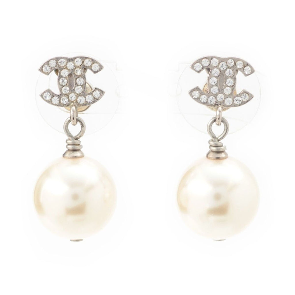 Chanel CC Logo Rhinestone Pearl Earrings Silver