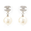 Chanel CC Logo Rhinestone Pearl Earrings Silver