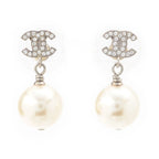 Chanel CC Logo Rhinestone Pearl Earrings Silver