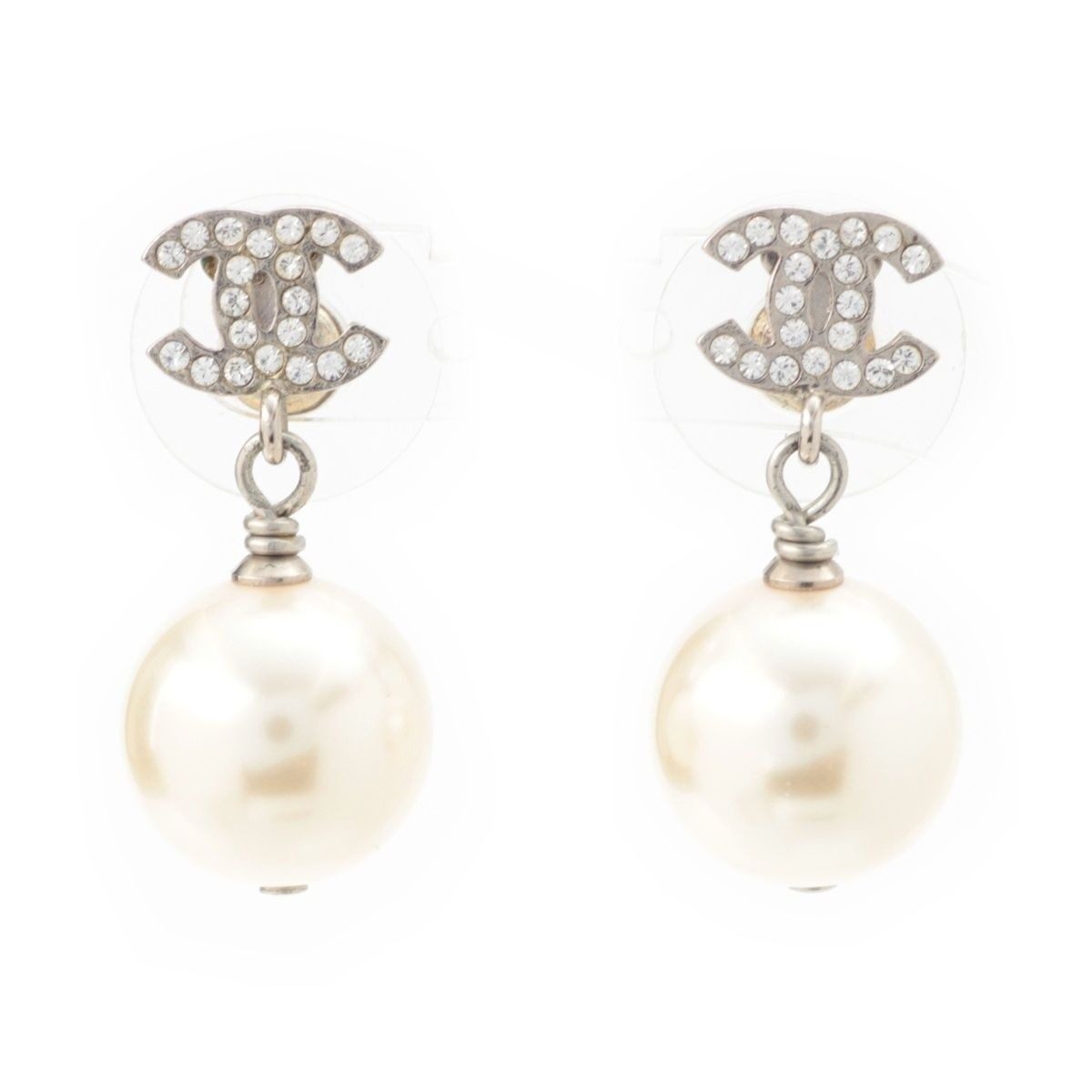 Chanel CC Logo Rhinestone Pearl Earrings Silver