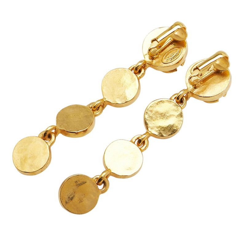 Chanel Vintage Earrings Coco Mark Round Swing Gold Wine Red Plated — view 3