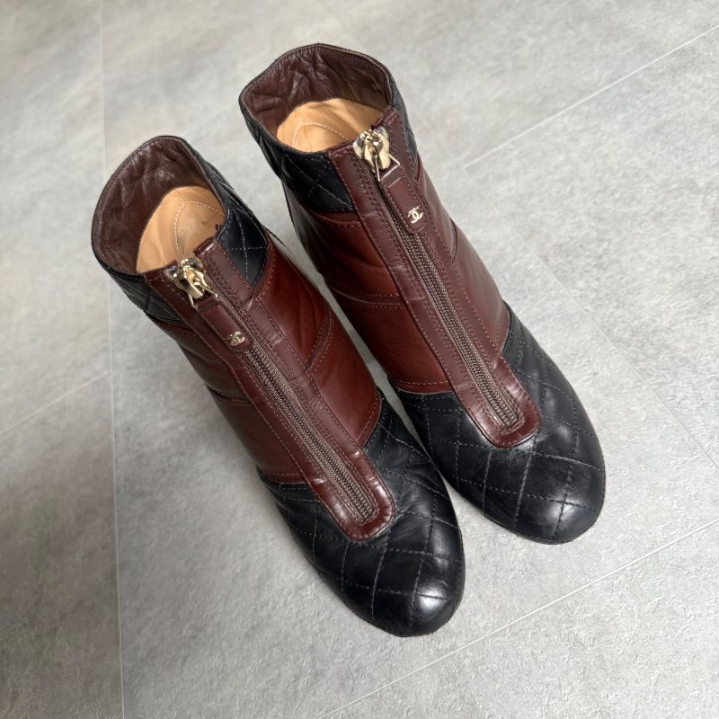 Chanel Quilted Coco Mark Zip Up Boots Leather Brown Black Bicolor 37 C — view 2