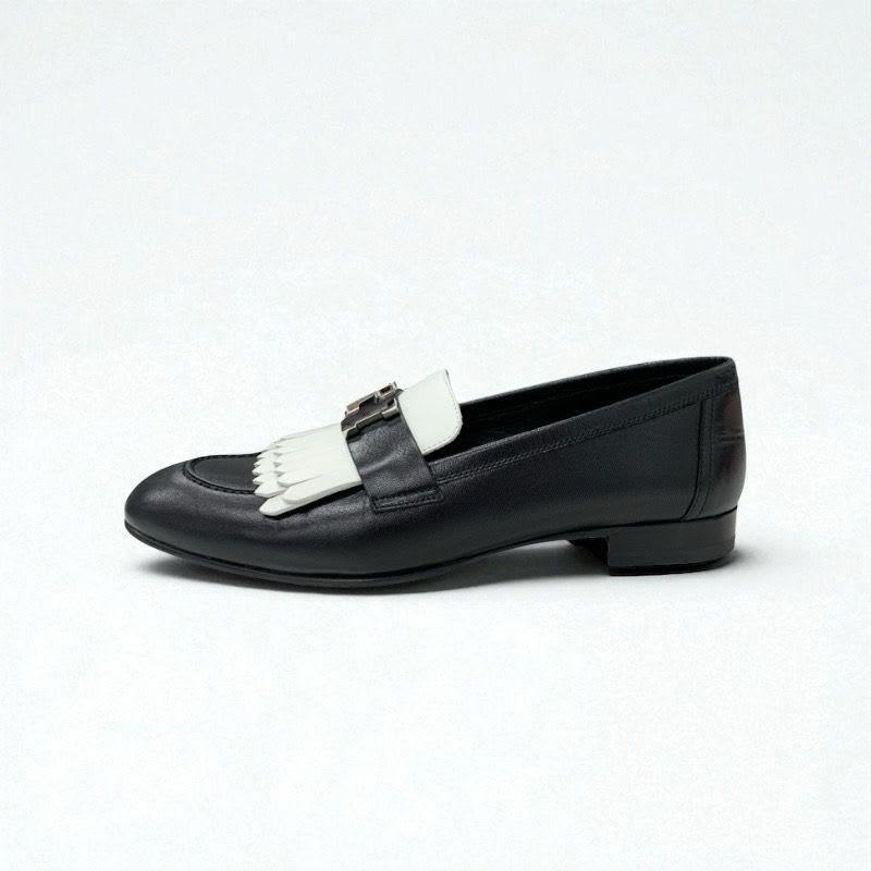 Hermes Royale Loafers Leather Shoes Black White Hhardware Fringe — view 3