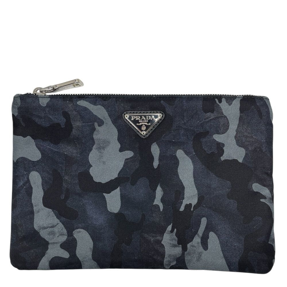 Prada Camouflage Nylon Pouch Makeup Black Triangle Plate Logo Sophistication