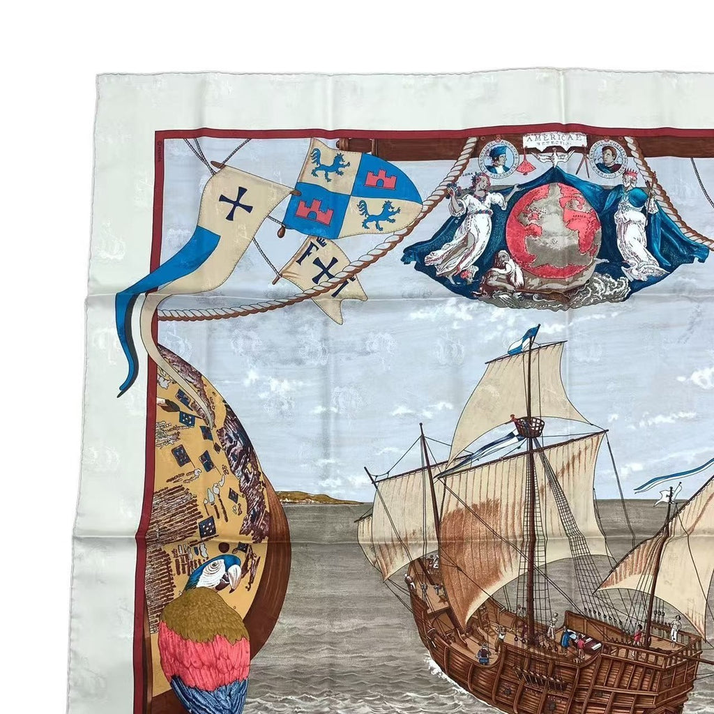 Hermes Scarf Silk Carre 90 Christophe Colomb Decouvre L'amerique 12 Octobre — view 2