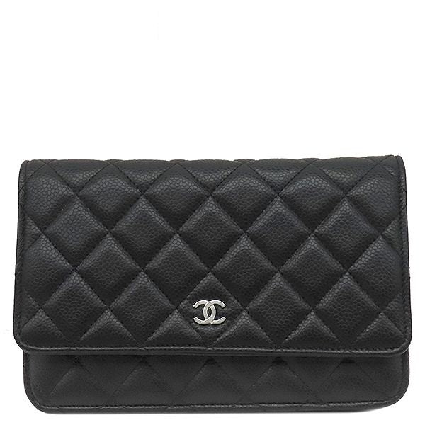 Chanel Chain Wallet Quilted Timeless Classic Caviar Leather Black Silver CC