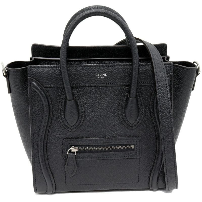 Celine Hand Tote Shoulder Bag Luggage Nano Shopper Drummed Calfskin Black 2-Way