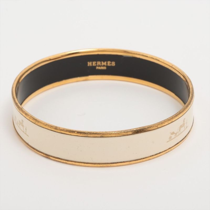 Hermes Emile GM Bangle Logo Horse Cart GP Enamel Gold Cream Austria