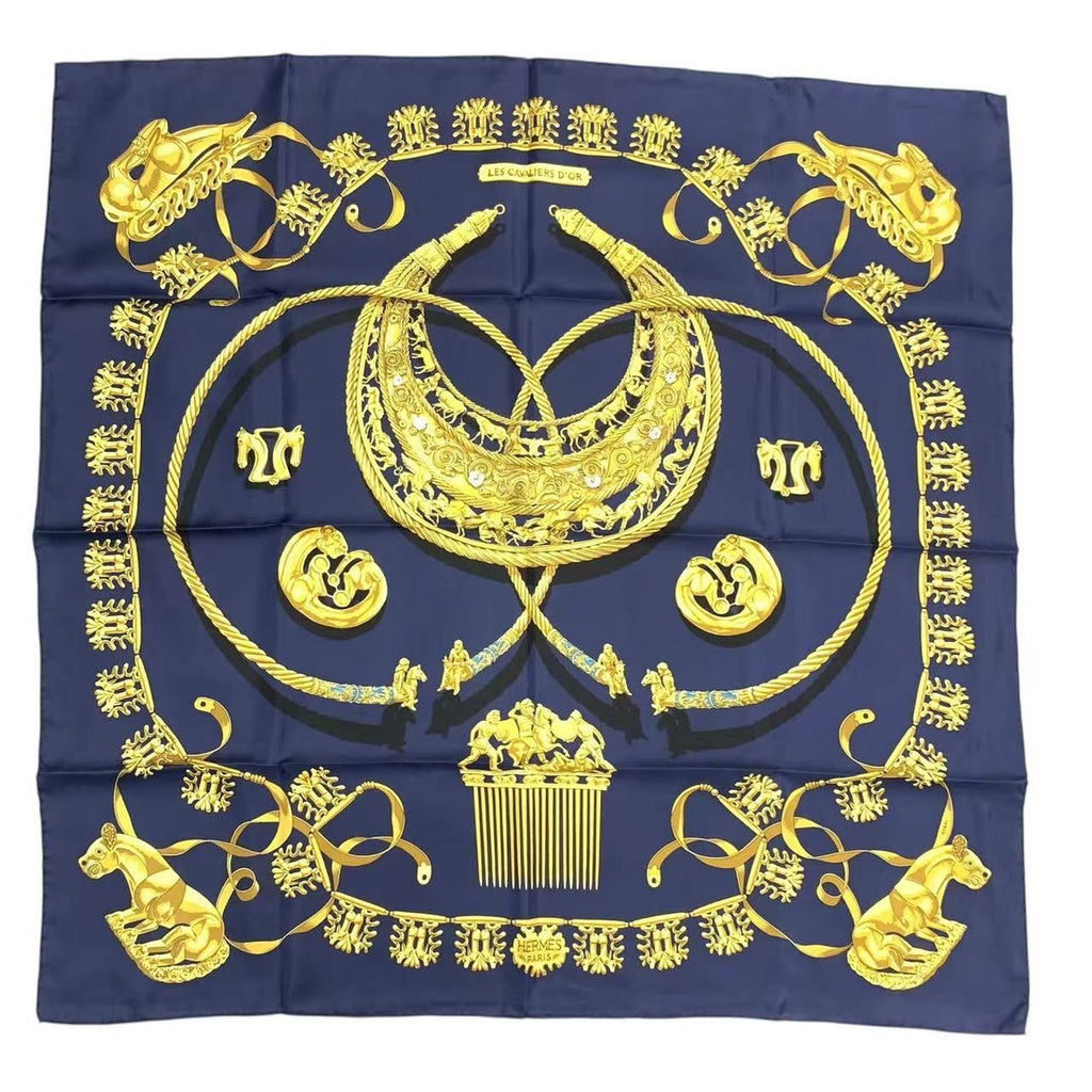 Hermes Carre 90 les Cavaliers D'Or Golden Knight Scarf Silk Navy