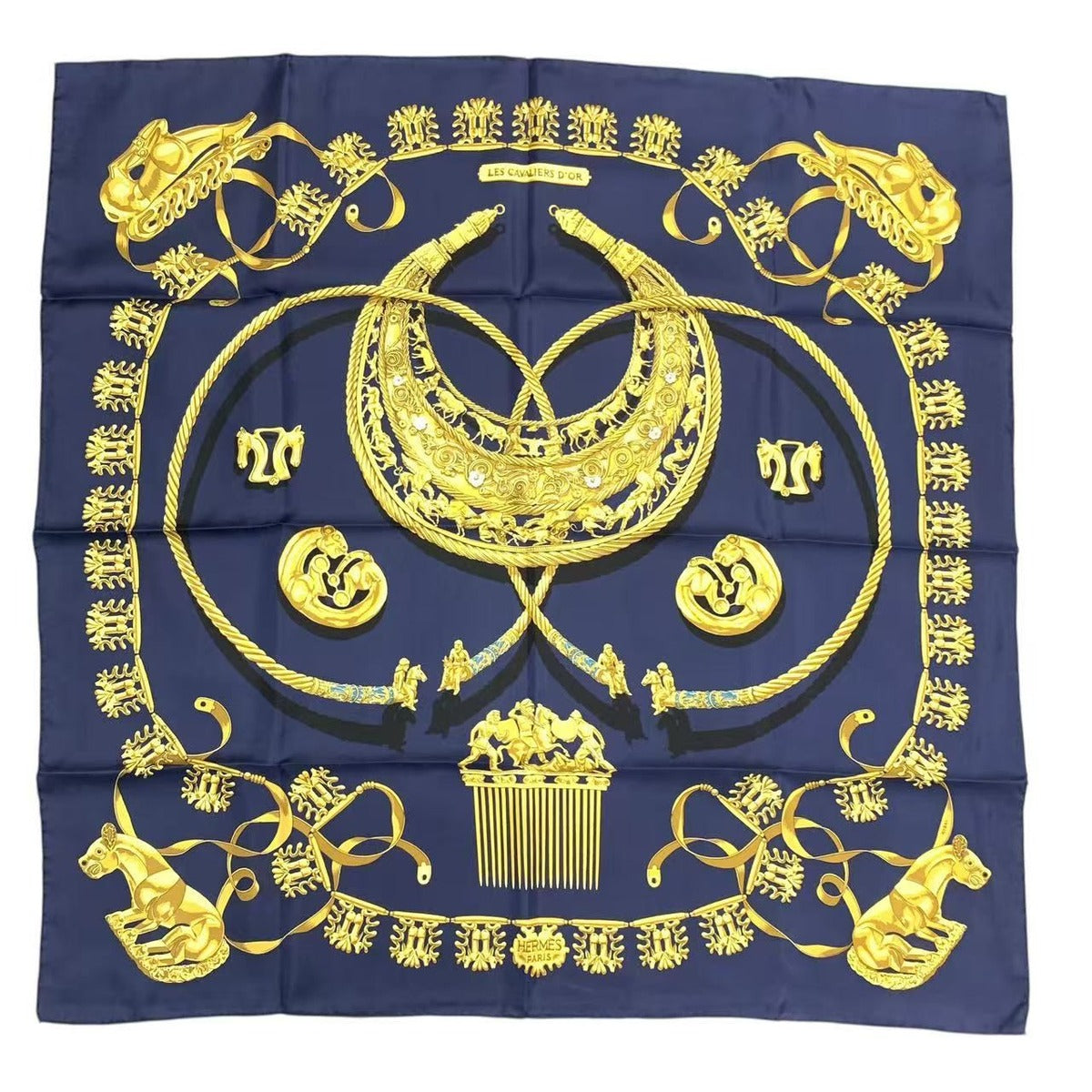 Hermes Carre 90 les Cavaliers D'Or Golden Knight Scarf Silk Navy