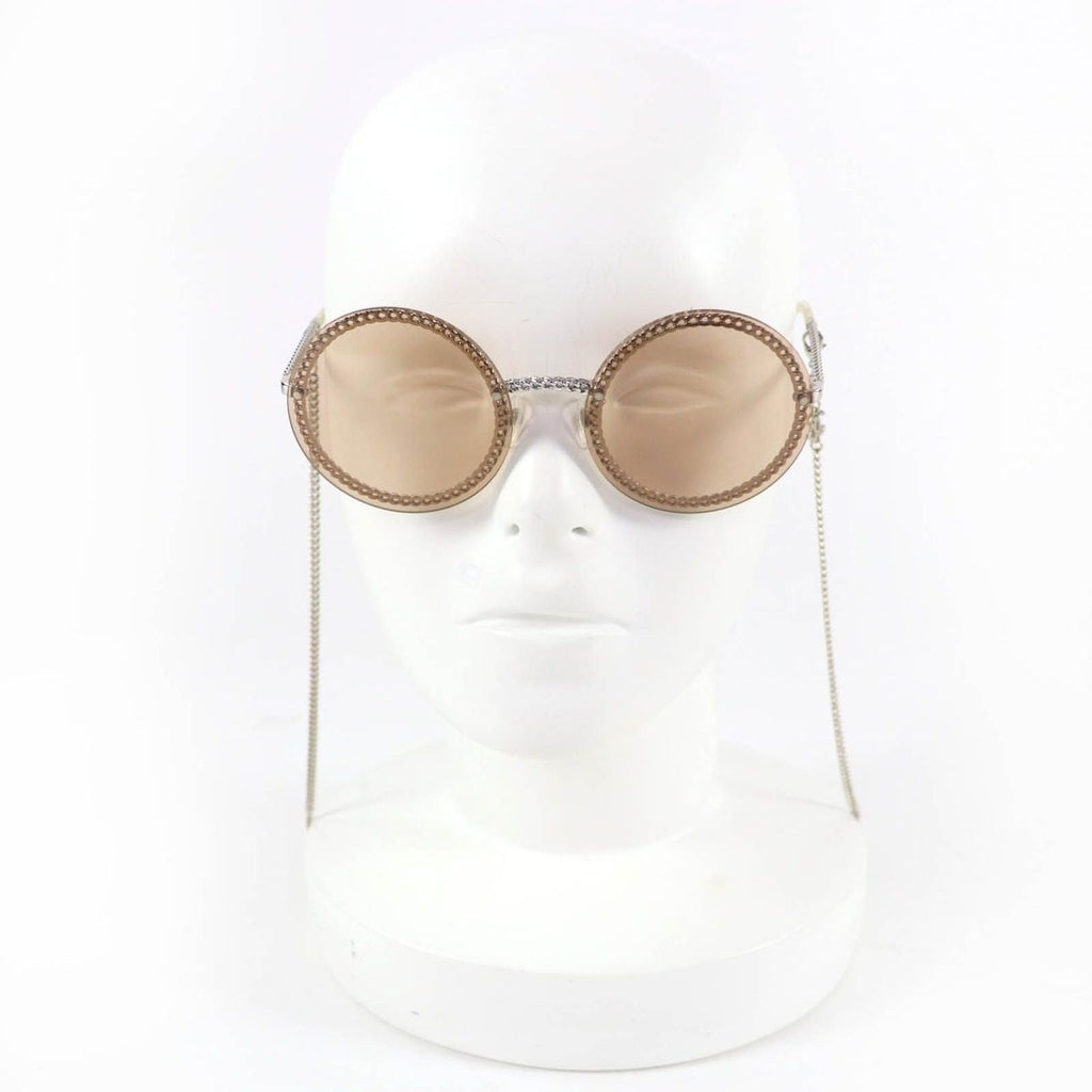 Chanel CC Logo Round Sunglasses with Chain Silver Clear Brown Case Necklace — view 3