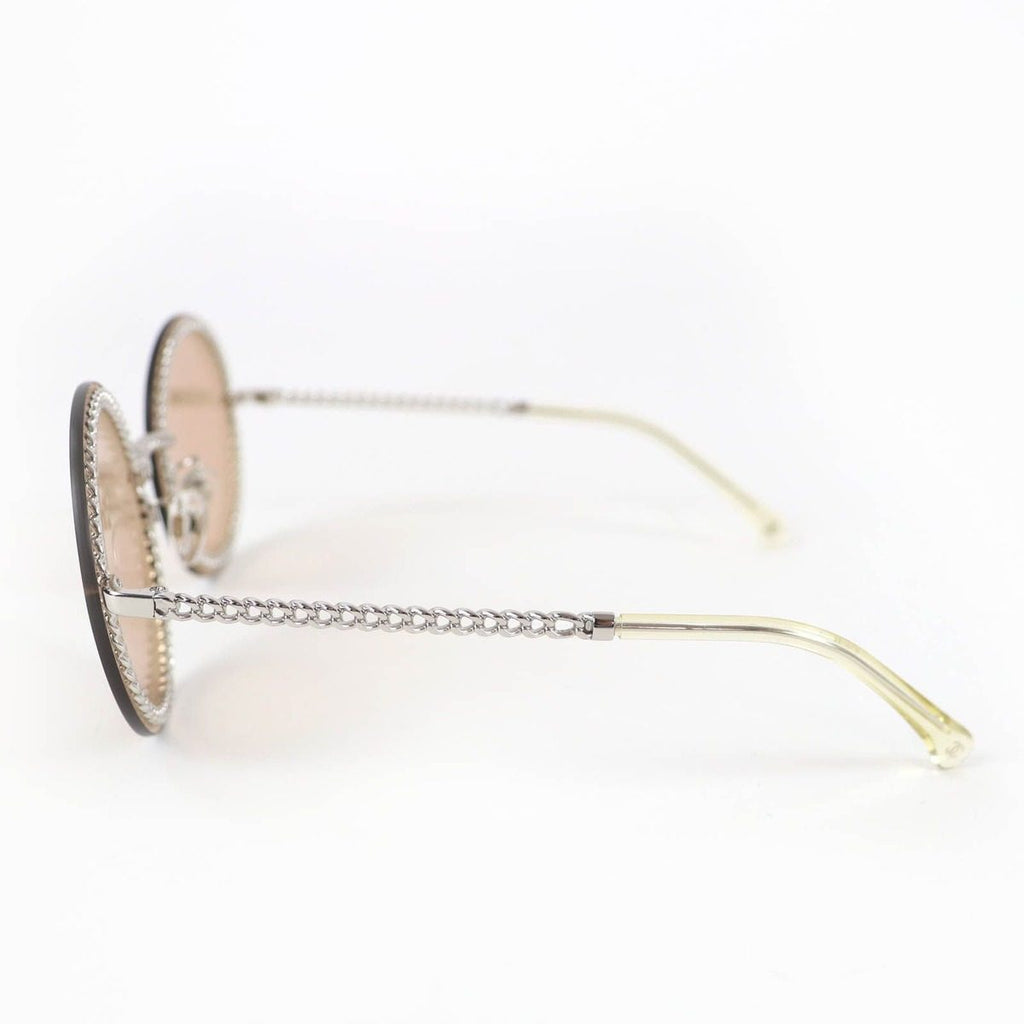 Chanel CC Logo Round Sunglasses with Chain Silver Clear Brown Case Necklace — view 5