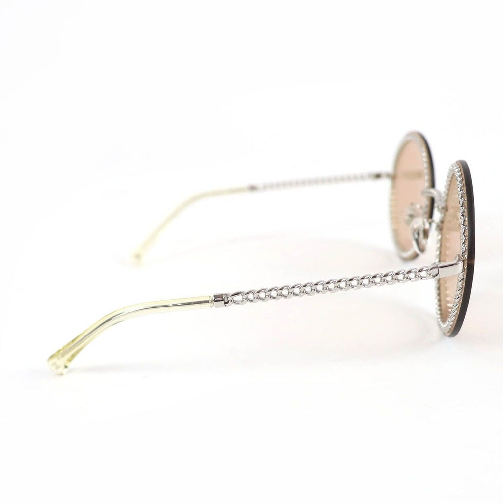 Chanel CC Logo Round Sunglasses with Chain Silver Clear Brown Case Necklace — view 7
