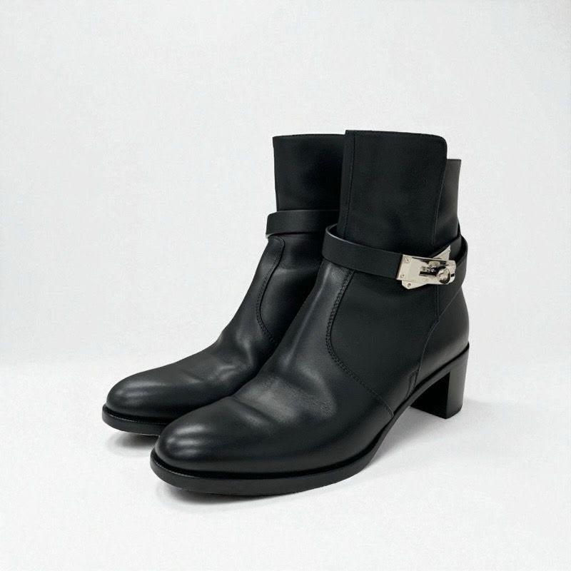Hermes Frenchie Boots Short Shoes Leather Black Silver Kelly Hardware