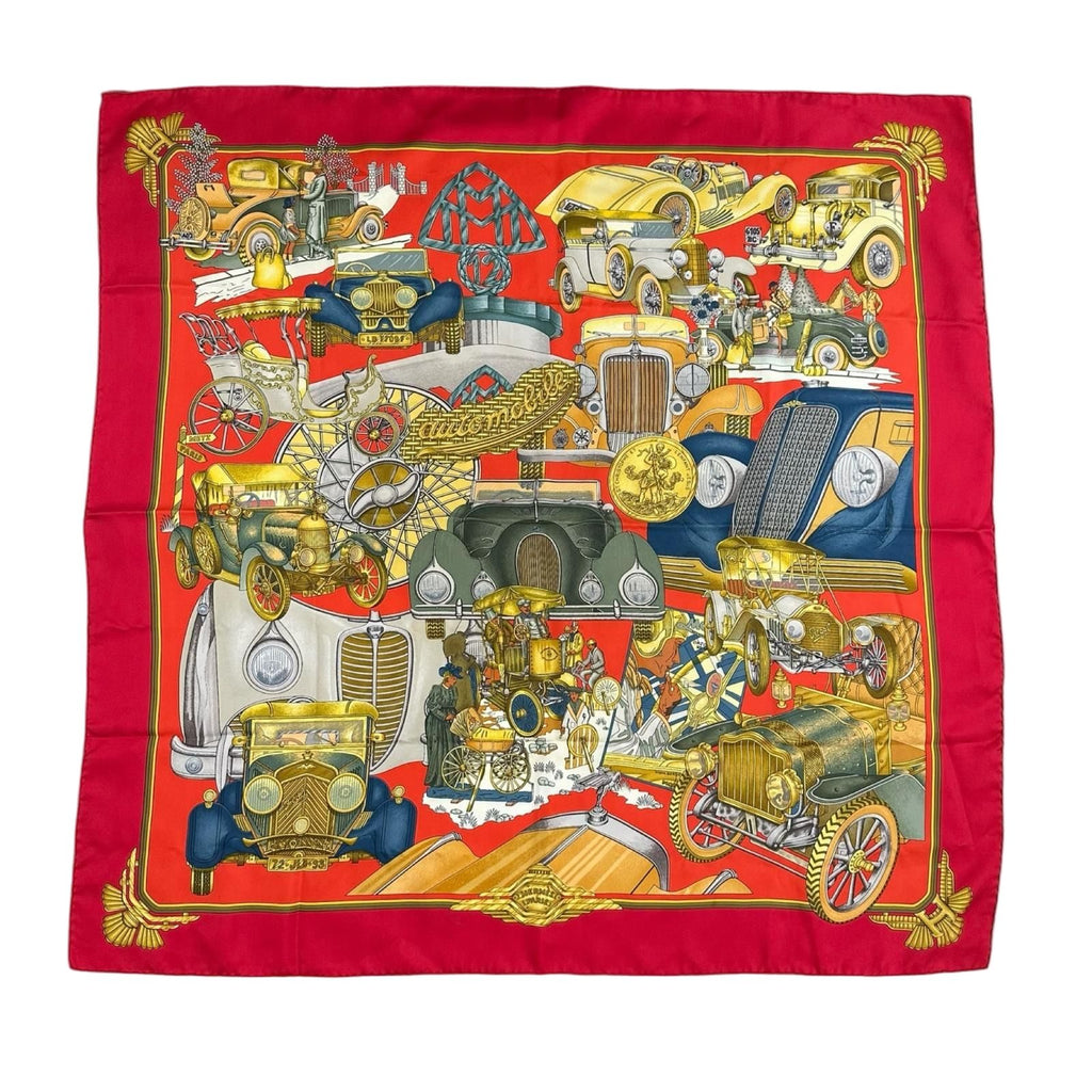 Hermes Carre 90 Automobile Silk Red Scarf