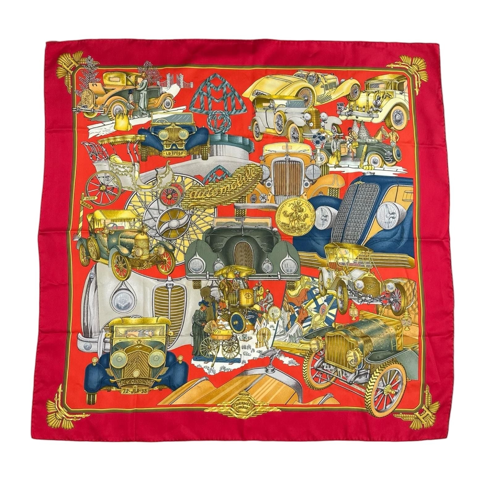 Hermes Carre 90 Automobile Silk Red Scarf