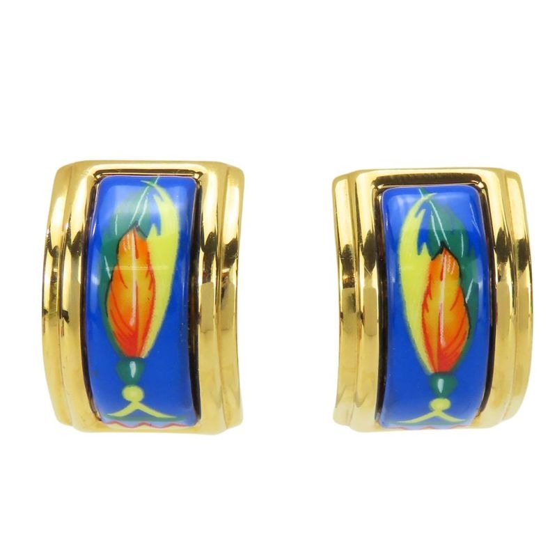 Hermes Earrings Emile Feather Pattern Metal Cloisonne Blue Multicolor Plated — view 2