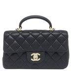 Chanel 2-Way Bag Quilted 20 Top Handle Lambskin Black Gold Handbag